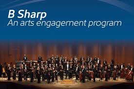 B-Sharp graphic with orchestra standing on stage