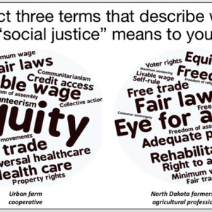 Word cloud with words that describe what "social justice" means