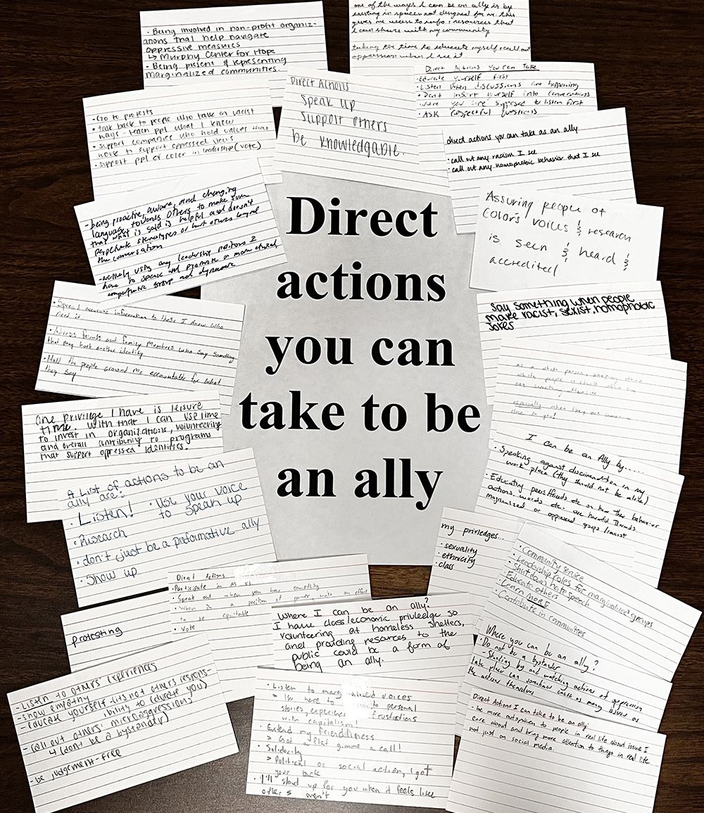 "Direct actions you can take to be an ally..." (notecards)