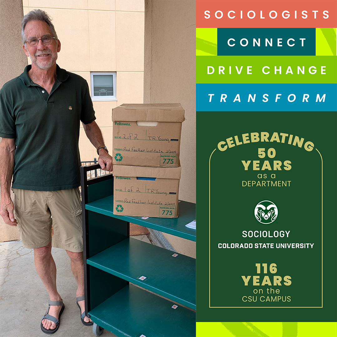 TR Young's papers in a box with CSU Librarian MARK SHELSTAD and CSU SOC's 50th anniversary logo
