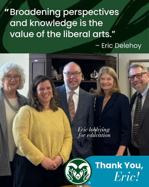 photo of Eric lobbying for education. quote from Eric: "Broadening perspectives and knowledge is the value of the liberal arts." - Eric Delehoy
